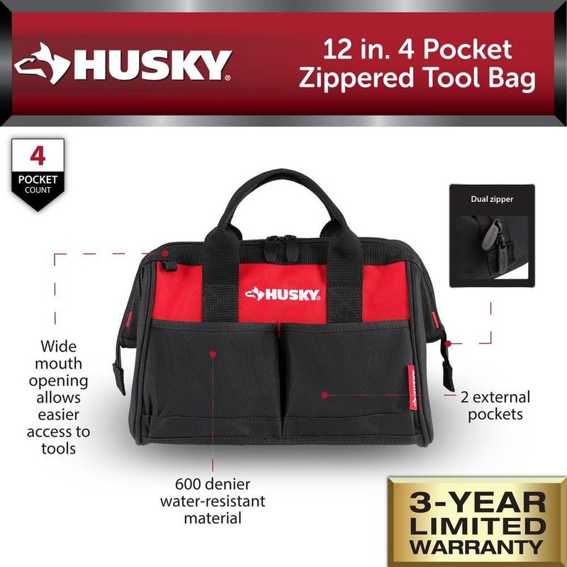 Husky 12 in 4 Pocket Zippered Tool Bag - Image 2