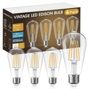 YANSUN ST58 E26 Vintage LED Edison Bulb 60W Equivalent 2700K Warm White (4-Pack)