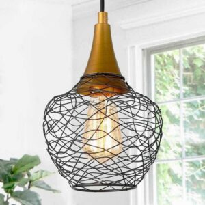 Uolfin Saris 7.1" Black Gold Lantern Cage Flush Mount Ceiling Light Modern