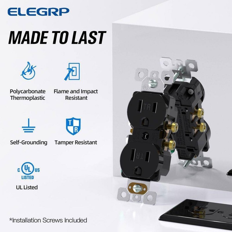 ELEGRP15A 125V Tamper Resistant Duplex Outlet Self Grounding Black (10-Pack) - Image 2