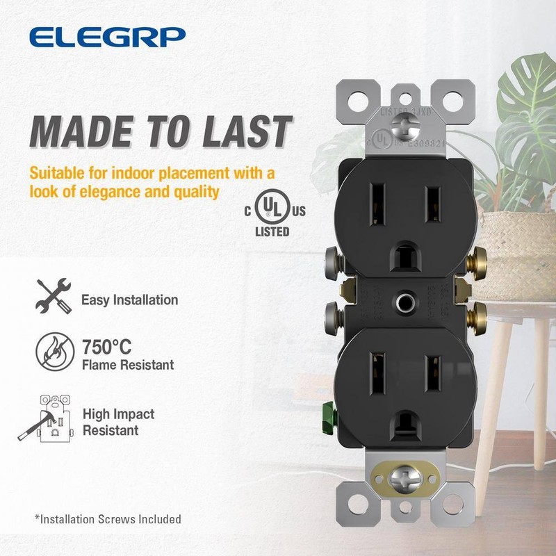 ELEGRP15A 125V Tamper Resistant Duplex Outlet Self Grounding Black (10-Pack) - Image 4