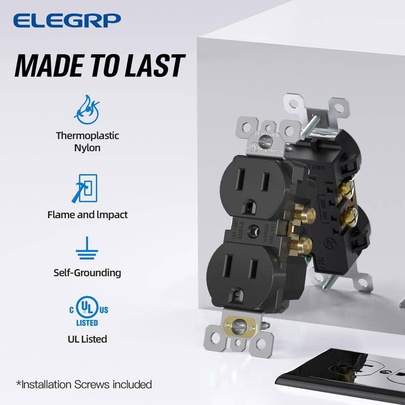 ELEGRP15A 125V Tamper Resistant Duplex Outlet Self Grounding Black (10-Pack) - Image 5