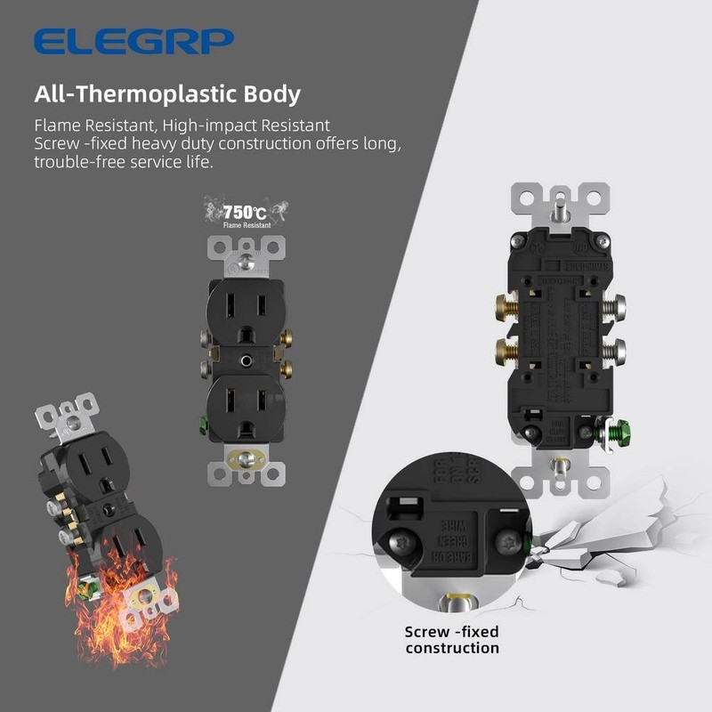 ELEGRP15A 125V Tamper Resistant Duplex Outlet Self Grounding Black (10-Pack) - Image 6