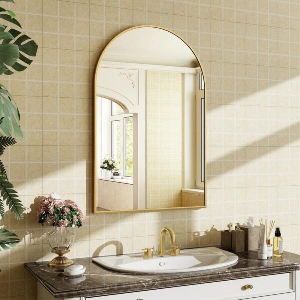 GLSLAND 24 in. W x 36 in. H Arched Metal Framed Wall Bathroom Vanity Mirror Gold