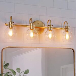 LNC Modern 4-Light Gold 28.5 in. Vanity Wall Light with Clear Globe Glass Shades