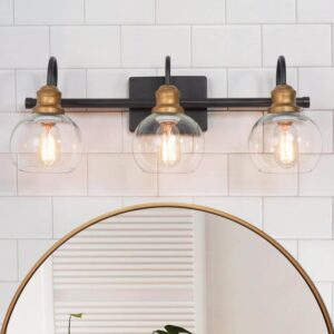 LNC 22.5 in. 3-Light Aged Brass and Black Vanity Light with Clear Glass Globe