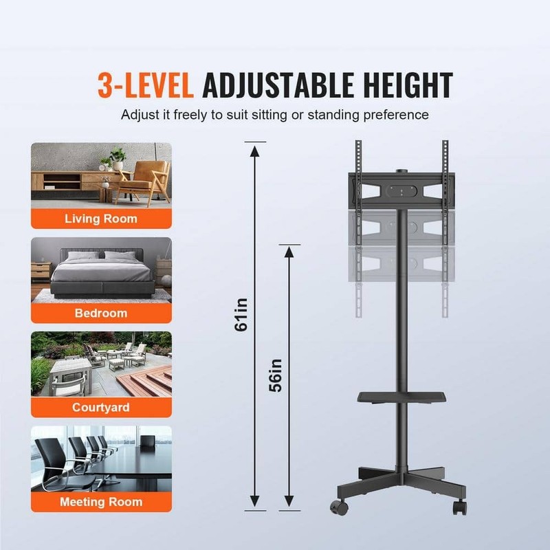 SVOPES Mobile TV Stand Height Adjustable Cart for 23-60 in. TVs w/ Tray & Wheels - Image 4