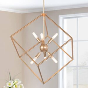 LNC 6-Light Modern Gold Chandelier Square Cage Geometric Island Pendant