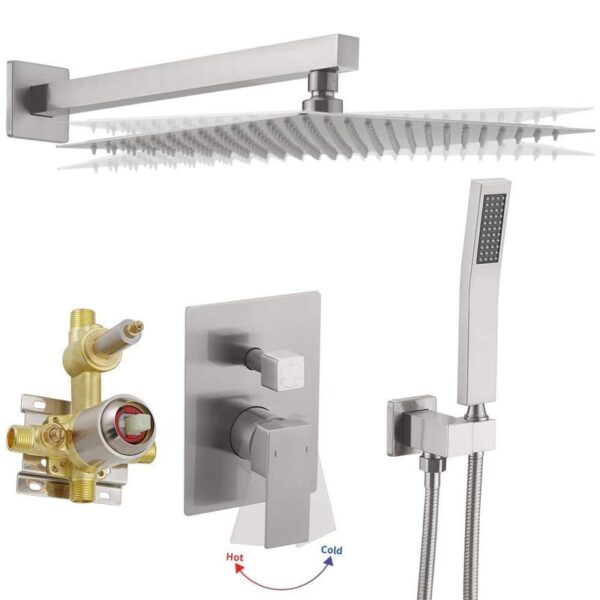 BWE 12 in Wall Mount Shower Faucet 2-Spray Brushed Nickel w/ Valve 2.5 GPM