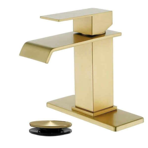 FLG Brushed Gold Waterfall Bathroom Faucet Single Handle w/ Pop-Up Drain Kit