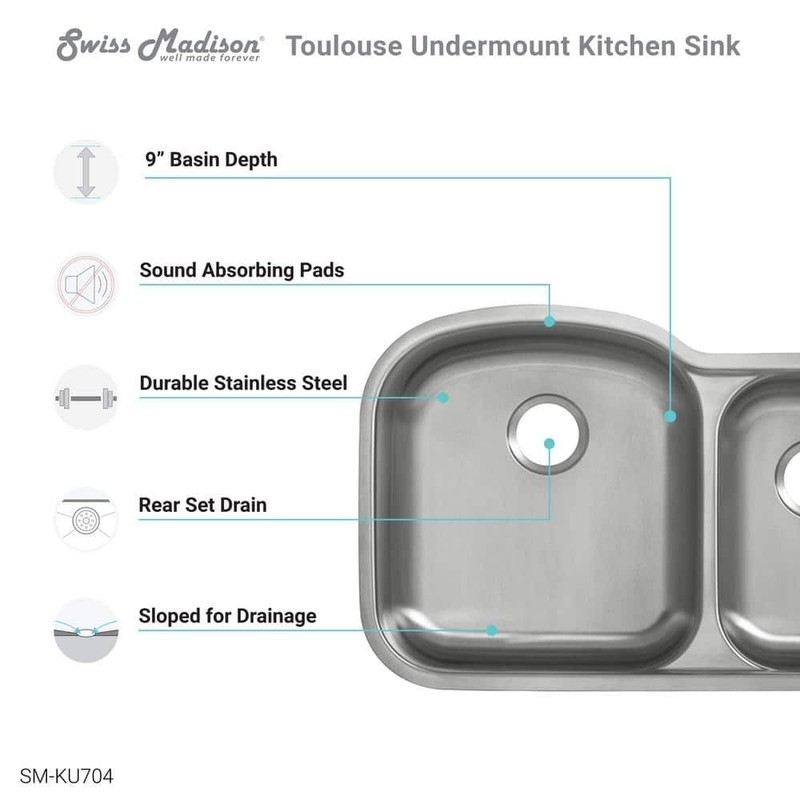 Swiss Madison 32" x 21" Stainless Steel, Dual Basin, Undermount Kitchen Sink - Image 2
