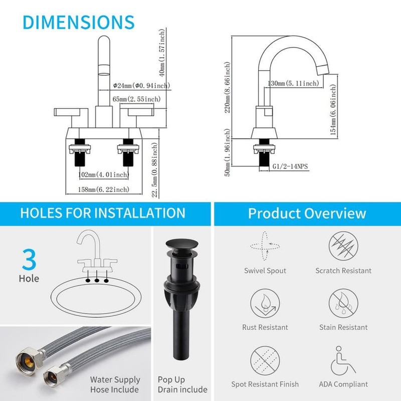waterpar 4" Centerset Double Handle Bathroom Faucet w/Supply Hose&in Matt Black - Image 7