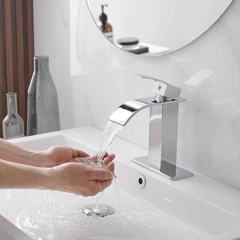 BWE Polished Chrome Waterfall Bathroom Faucet Single Handle w/ Supply Line - Image 2
