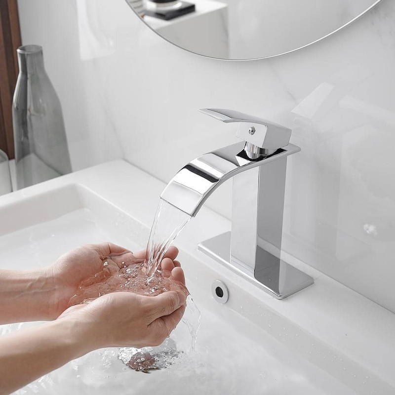 BWE Polished Chrome Waterfall Bathroom Faucet Single Handle w/ Supply Line - Image 5
