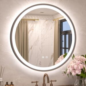 KeonJinn 24"x24" LED Bathroom Mirror 3-Color Round Wall Mount Oil Rubbed Bronze