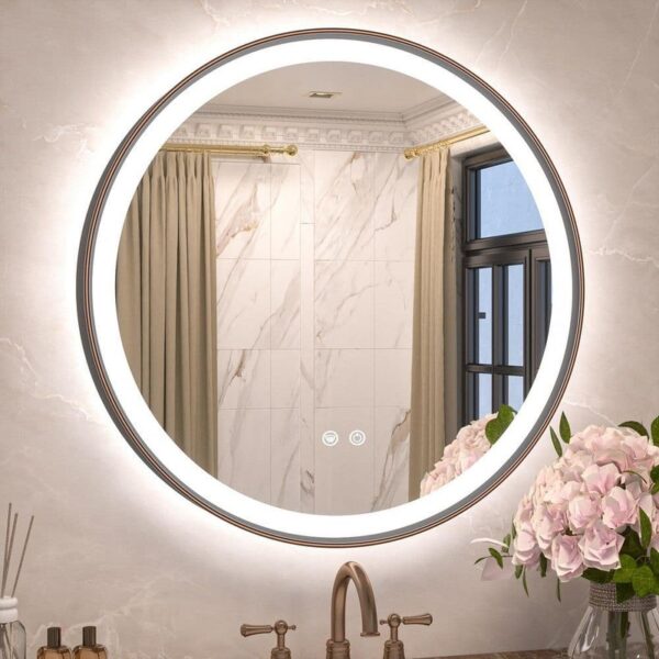 KeonJinn 24"x24" LED Bathroom Mirror 3-Color Round Wall Mount Oil Rubbed Bronze