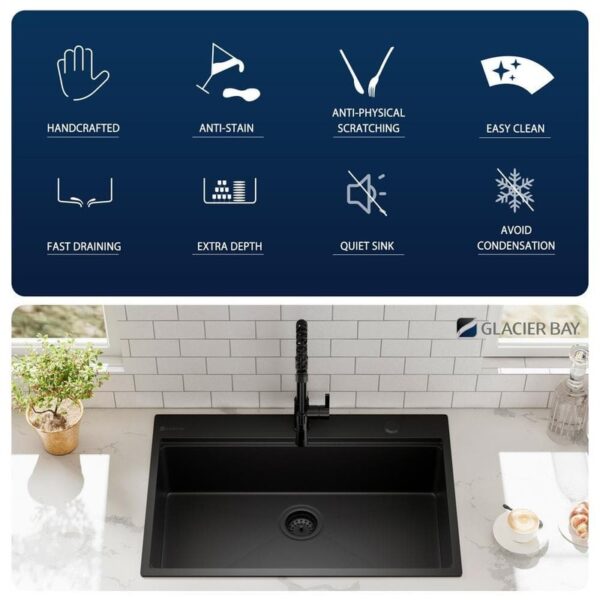 Glacier Bay 33" Black Stainless Steel Workstation Sink Drop-In Single Bowl