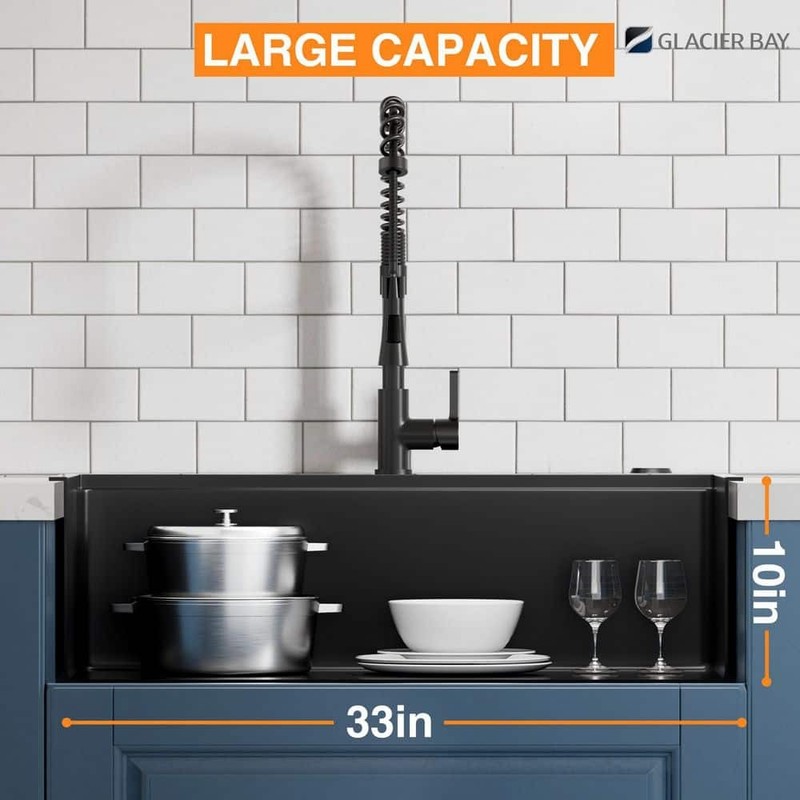 Glacier Bay 33" Black Stainless Steel Workstation Sink Drop-In Single Bowl - Image 2