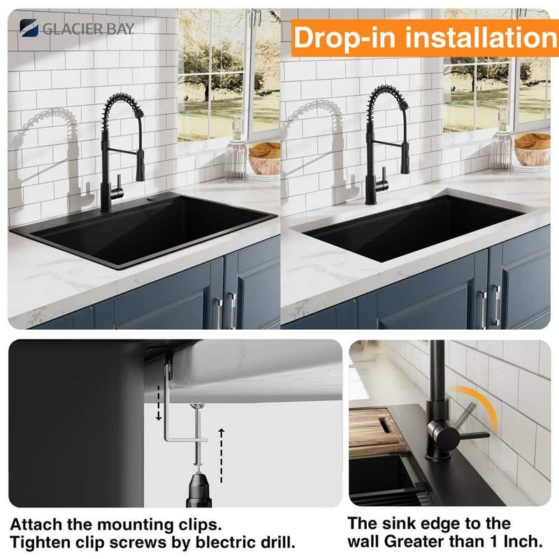 Glacier Bay 33" Black Stainless Steel Workstation Sink Drop-In Single Bowl - Image 3
