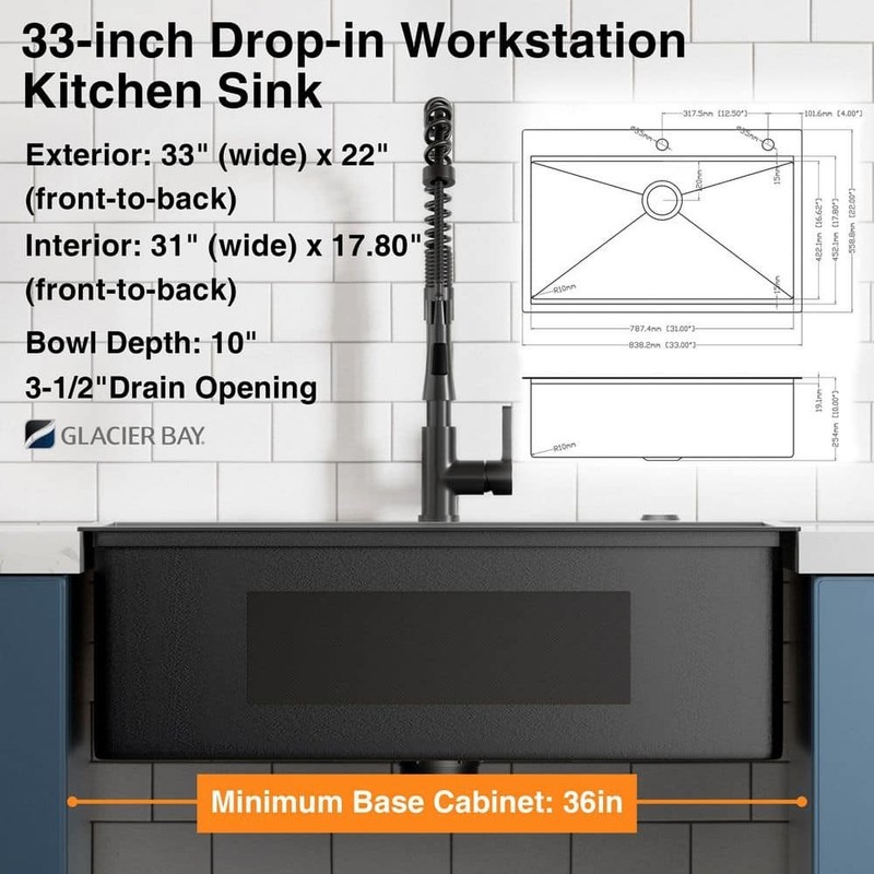 Glacier Bay 33" Black Stainless Steel Workstation Sink Drop-In Single Bowl - Image 4