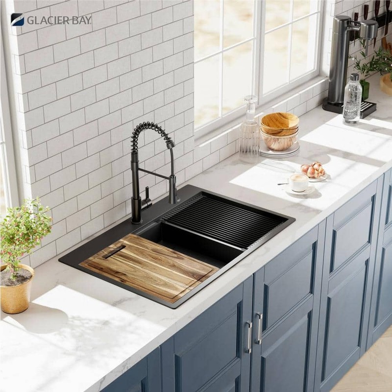 Glacier Bay 33" Black Stainless Steel Workstation Sink Drop-In Single Bowl - Image 9