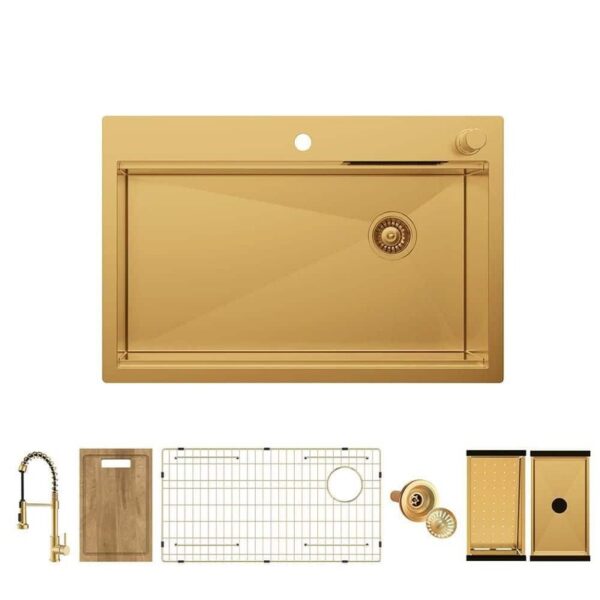 Glacier Bay 33" Gold Stainless Workstation Sink Drop-In w/ Faucet & Waterfall