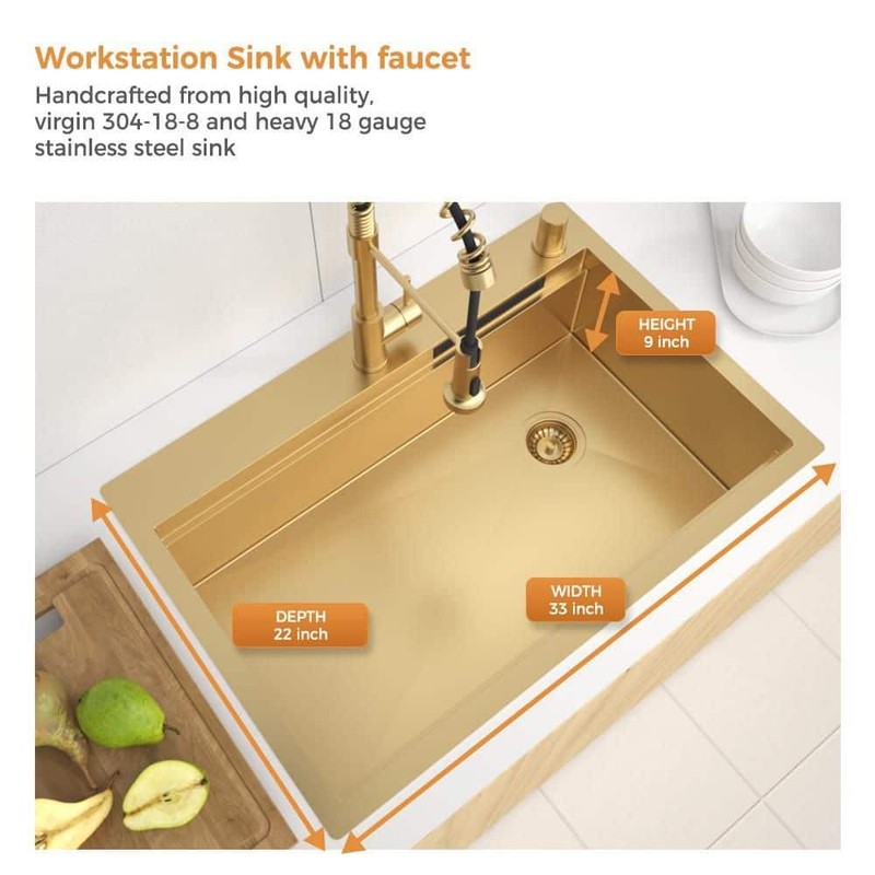 Glacier Bay 33" Gold Stainless Workstation Sink Drop-In w/ Faucet & Waterfall - Image 3