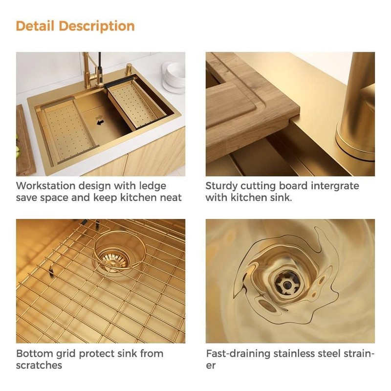 Glacier Bay 33" Gold Stainless Workstation Sink Drop-In w/ Faucet & Waterfall - Image 4