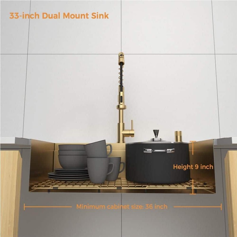 Glacier Bay 33" Gold Stainless Workstation Sink Drop-In w/ Faucet & Waterfall - Image 5