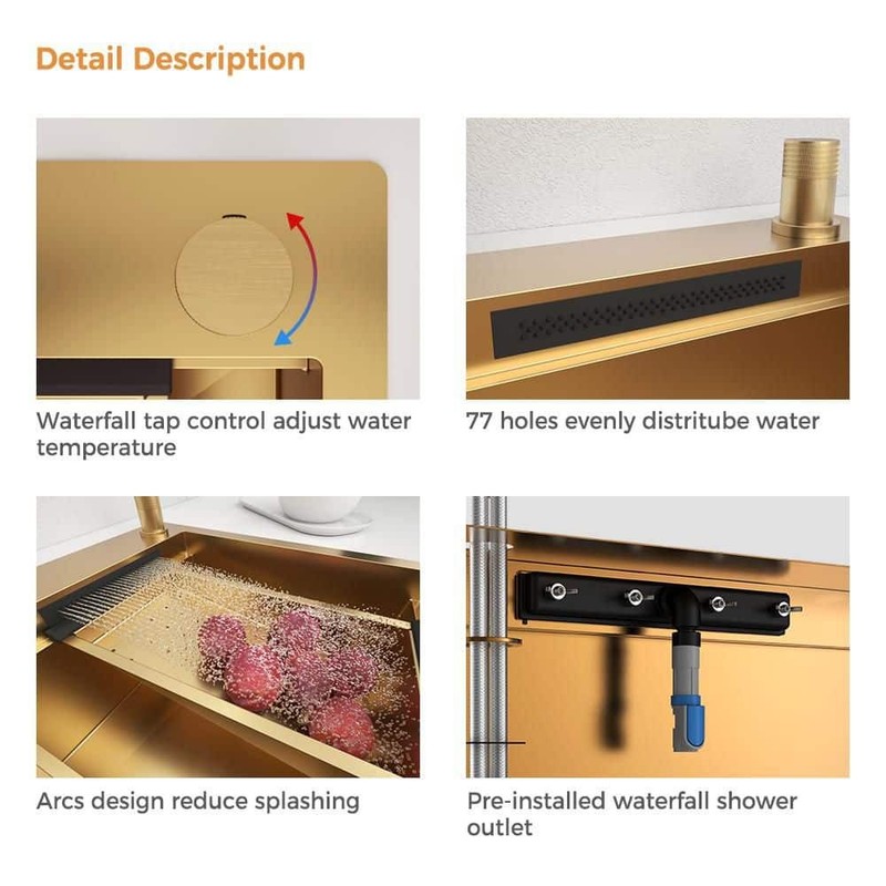 Glacier Bay 33" Gold Stainless Workstation Sink Drop-In w/ Faucet & Waterfall - Image 9