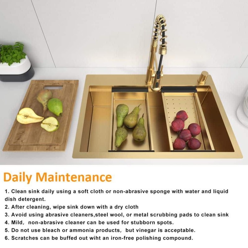 Glacier Bay 33" Gold Stainless Workstation Sink Drop-In w/ Faucet & Waterfall - Image 11