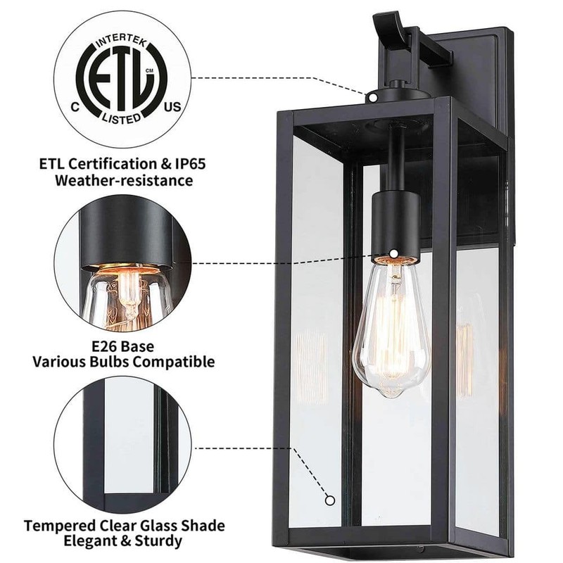 Uixe 18" Modern Black Outdoor Wall Lantern Sconce Hardwired Light Fixture - Image 6