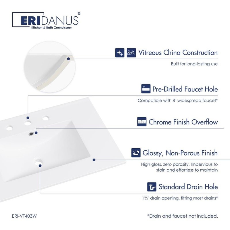 Eridanus Tucson 30"x18" White Vanity Top Single Sink 8" Widespread 3-Holes - Image 2