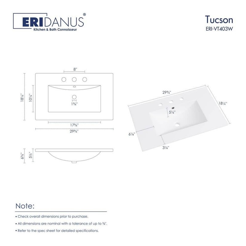 Eridanus Tucson 30"x18" White Vanity Top Single Sink 8" Widespread 3-Holes - Image 3