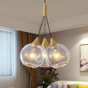 Deyidn 3-Light Gold Chandelier w/ Clear Glass Globes Adjustable for Dining
