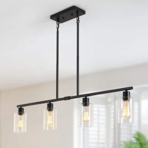 Delmis 4-Light Black Linear Island Chandelier w/ Clear Glass Shades Rustic