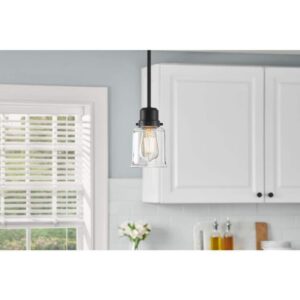 Hampton Bay Timphaven 1-Light Matte Black Shaded Mini-Pendant Clear Glass
