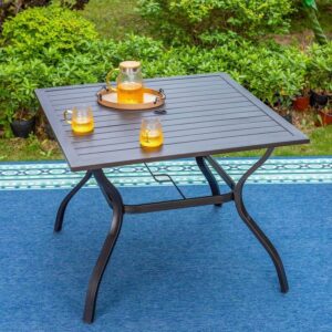 Black Slat Square Metal 1.57" Patio Outdoor Dining Table w/ Umbrella Hole
