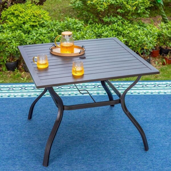Black Slat Square Metal 1.57" Patio Outdoor Dining Table w/ Umbrella Hole