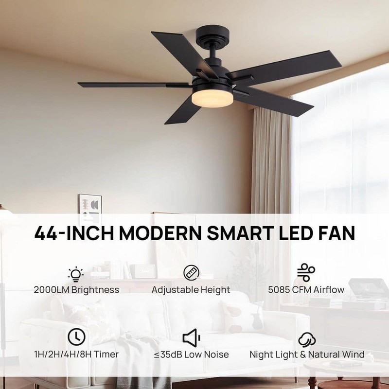 ANTOINE 44" Modern Smart Black Ceiling Fan w/ Dimmable LED Light & App Remote - Image 3