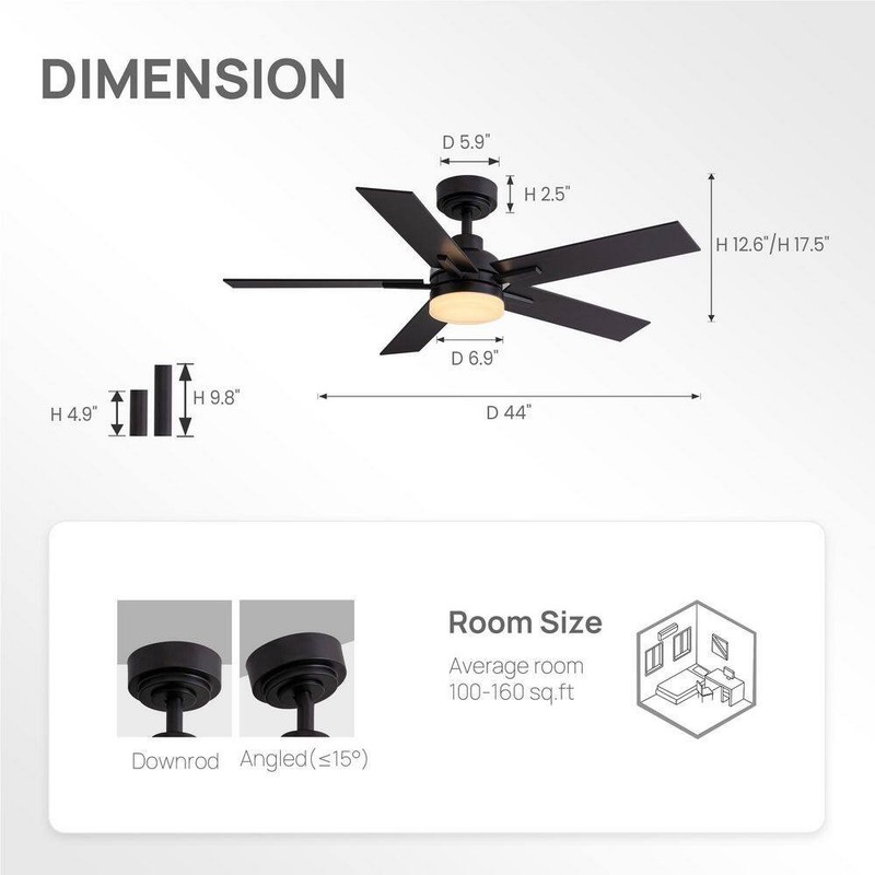 ANTOINE 44" Modern Smart Black Ceiling Fan w/ Dimmable LED Light & App Remote - Image 5