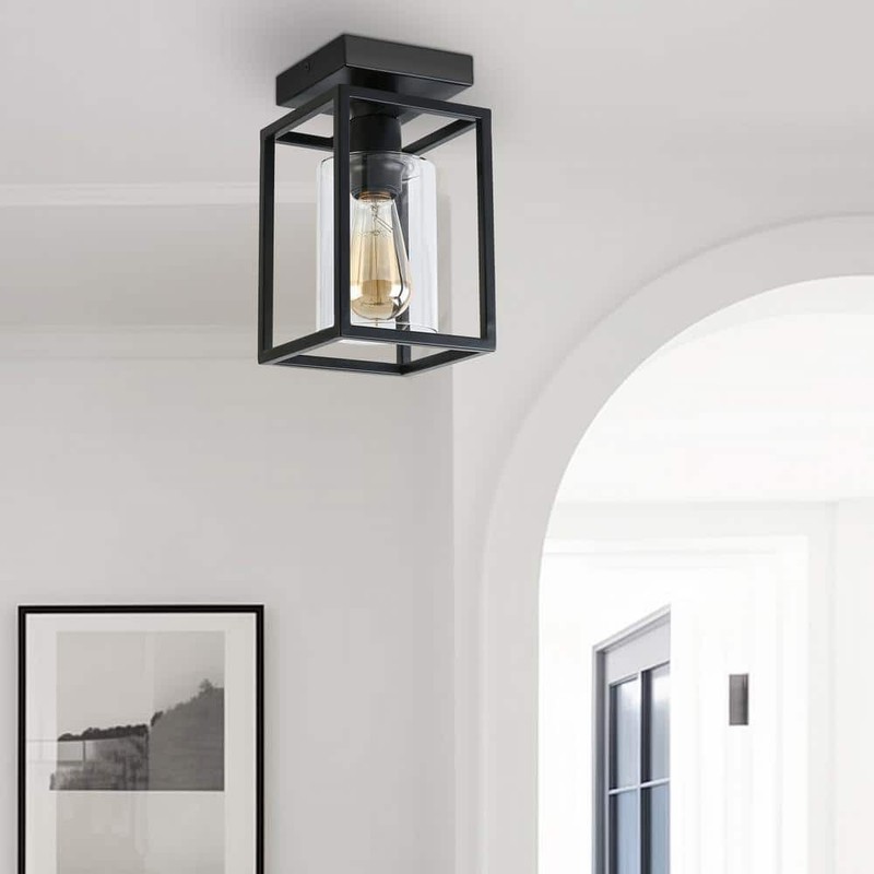 YANSUN 5.51" 1-Light Black Farmhouse Industrial Cage Semi Flush Mount - Image 2