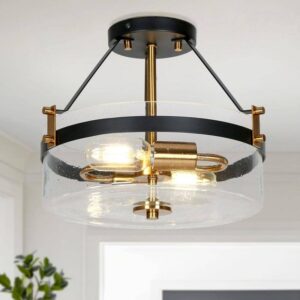 Uolfin Modern Farmhouse Black Semi-Flush Mount, 12.5 in. 2-Light Plated Gold