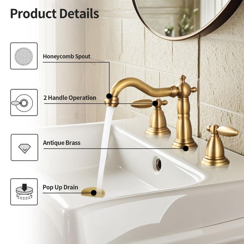 AKLFGN 8 in. Widespread Bathroom Faucet Double Handle Antique Brass 3-Hole - Image 6