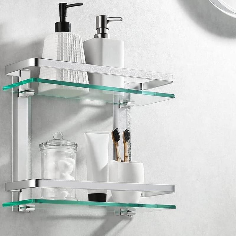 ACEHOOM 14" W x 5" D x 12" H Wall Mount 2-Tier Bathroom Glass Floating Shelf - Image 2