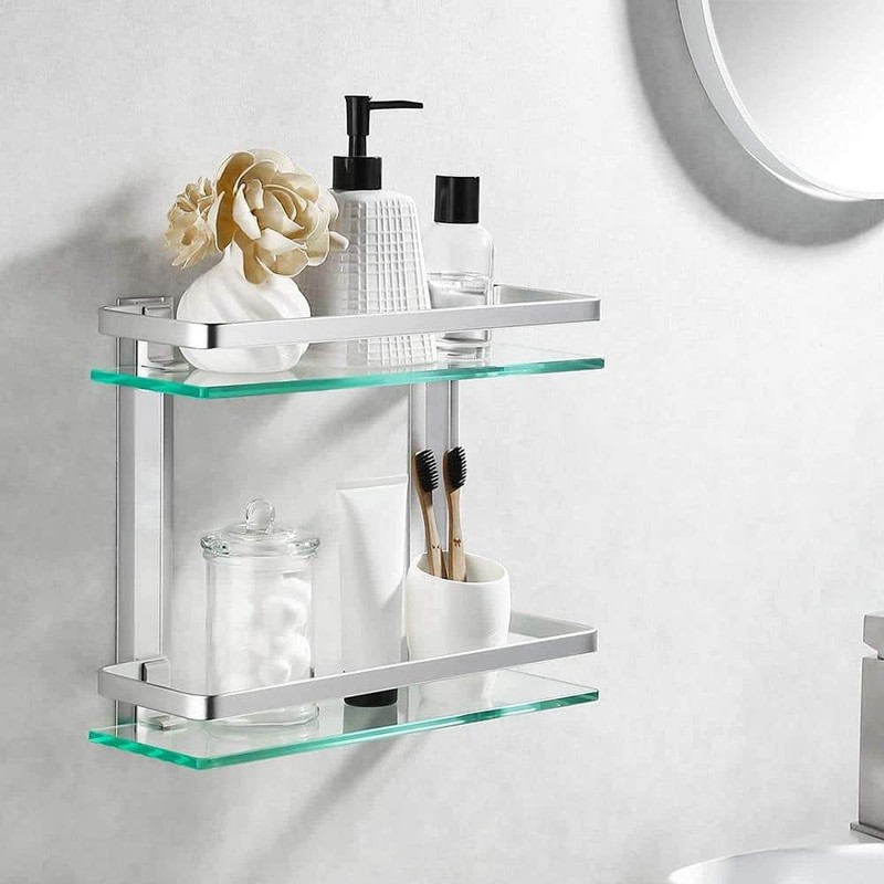 ACEHOOM 14" W x 5" D x 12" H Wall Mount 2-Tier Bathroom Glass Floating Shelf - Image 4