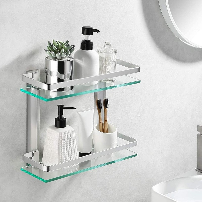 ACEHOOM 14" W x 5" D x 12" H Wall Mount 2-Tier Bathroom Glass Floating Shelf - Image 5