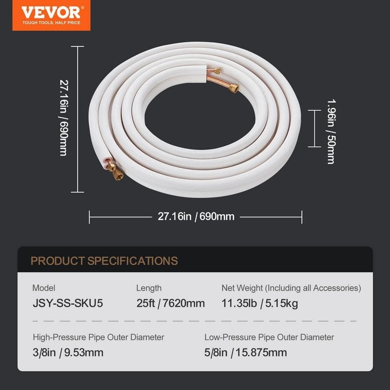 VEVOR 25 ft. Mini Split Line Set 3/8 in. and 5/8 in. O.D Copper Pipes Tubing - Image 7