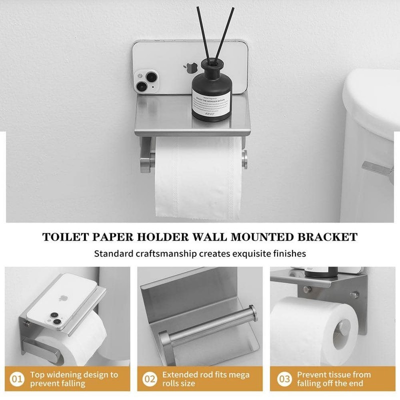 BWE Wall Mount Toilet Paper Holder with Stainless Steel Storage Shelf Anti-Rust - Image 2