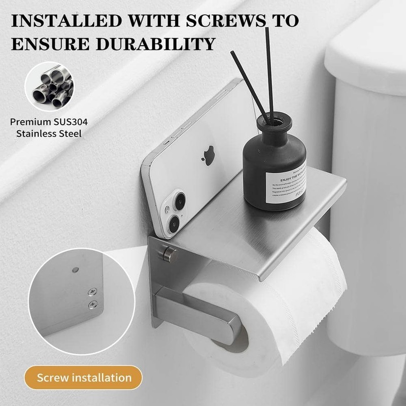 BWE Wall Mount Toilet Paper Holder with Stainless Steel Storage Shelf Anti-Rust - Image 3